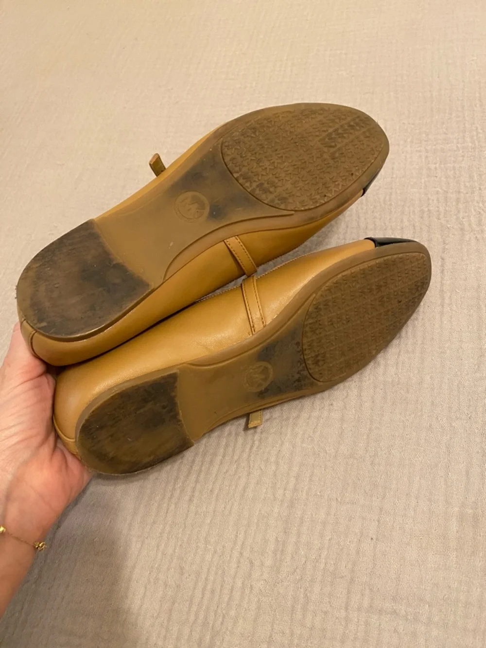 Michael Kors Tan and Black Patent Mary Jane Flats. Size 7.5